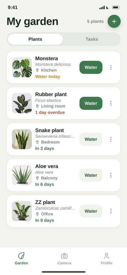 My garden: plants with watering status