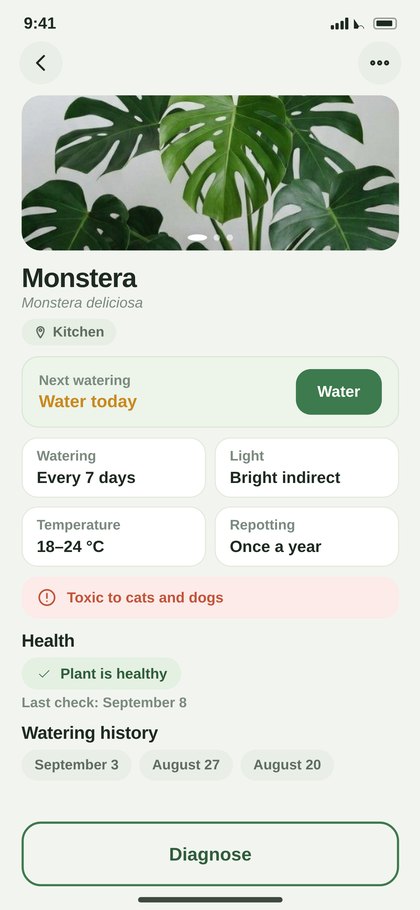 Plant card with care details